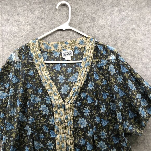 NWT Converse Chiffon Blouse Womens L Blue Floral V-Neck Short Sleeve Pintuck - Picture 3 of 10